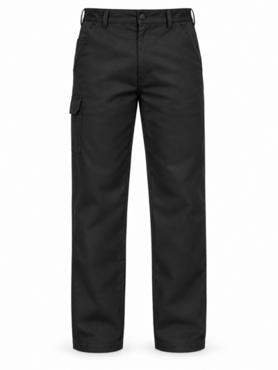Plain Black Russell 001MR polycotton twill regular-leg work trousers, front view without a logo