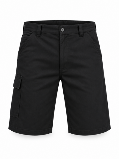 Plain Black Russell 002M polycotton twill work shorts, front view without a logo