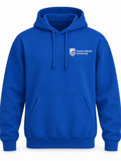 Royal Blue Gildan 18500 pullover hoodie with white Harper Adams University left chest logo and front pouch pocket