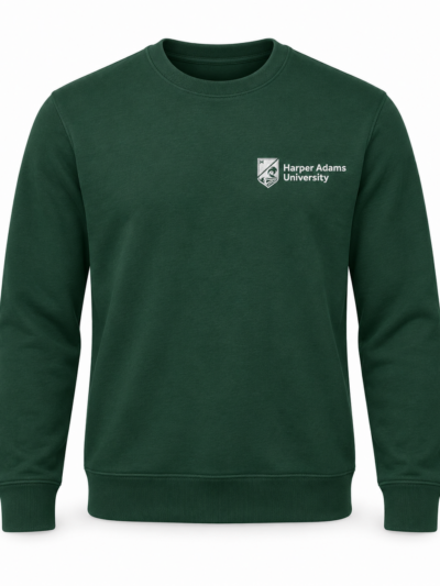 Bottle Green Russell 262M crew-neck sweatshirt with white Harper Adams University logo on the left chest