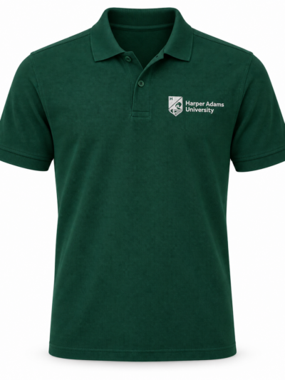 Bottle Green Russell 539M short-sleeve polo shirt with white Harper Adams University logo on the left chest