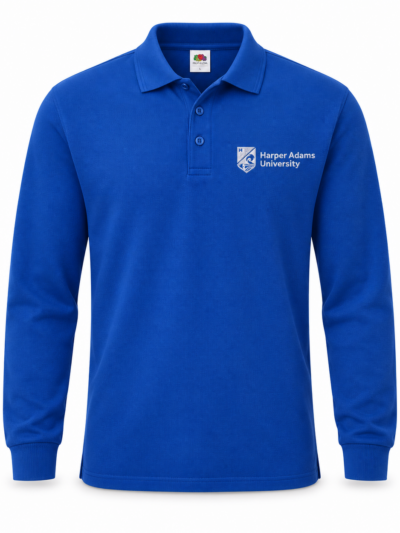 Royal Blue Fruit of the Loom 63310 long sleeve polo with white Harper Adams University logo on the left chest