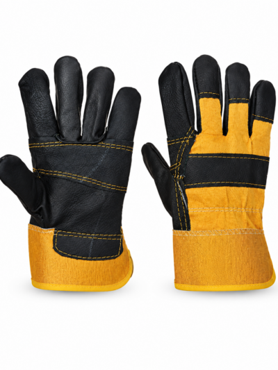 Portwest A200 Yellow and Black leather rigger gloves showing palm and back, without an added logo