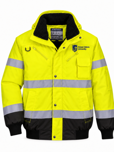 Portwest C465 Yellow and Black 3-in-1 bomber jacket with navy Harper Adams University logo on the left chest