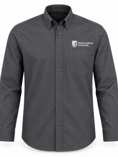 Charcoal Kustom Kit KK105 long sleeve Oxford shirt with white Harper Adams University logo above the left chest pocket