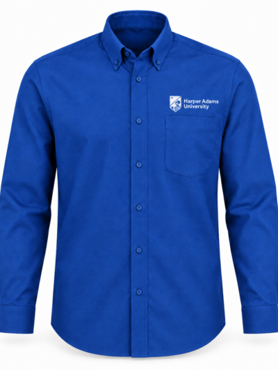 Royal Blue Kustom Kit KK105 long sleeve Oxford shirt with white Harper Adams University logo above the left chest pocket