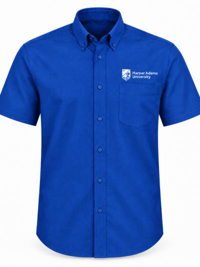 Royal Blue Kustom Kit KK109 short sleeve Oxford shirt with white Harper Adams University logo above the left chest pocket