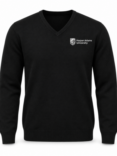 Black Kustom Kit KK352 Arundel fine knit V neck sweater with white Harper Adams University logo on the left chest