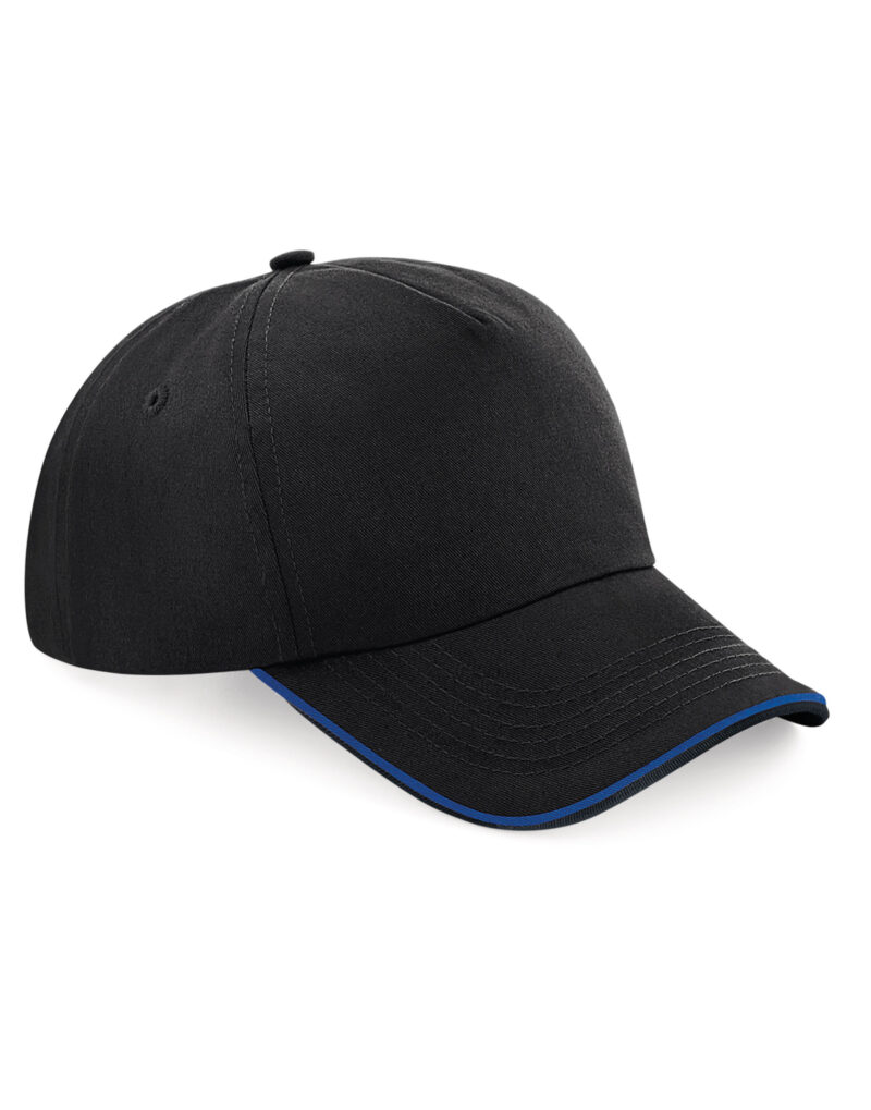 Beechfield Authentic 5 Panel Cap - Piped Peak Black and bright Royal
