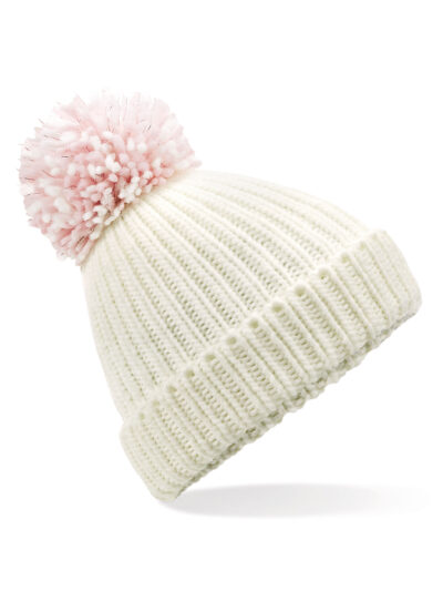 Beechfield Shimmer Pom Pom Beanie Off White and Pastel Pink