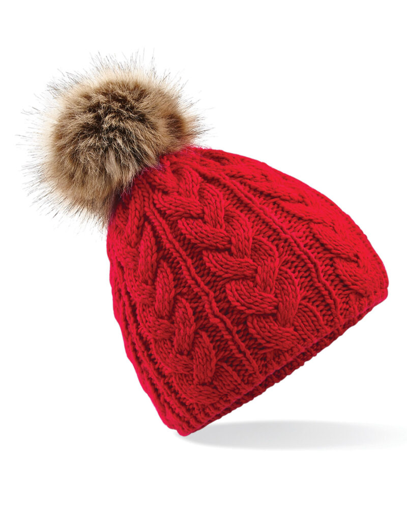 Beechfield Faux Fur Pom Pom Cable Beanie Classic Red