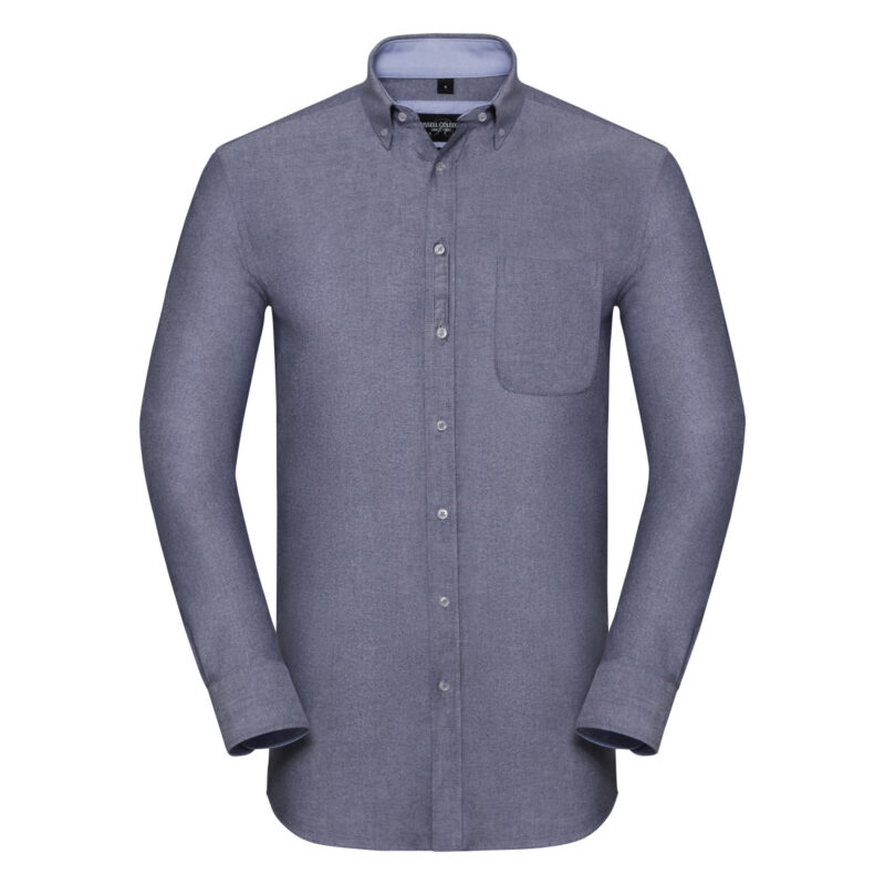 Russell Collection Men's Long Sleeve Tailored Washed Oxford Shirt Oxford Navy and Oxford Blue
