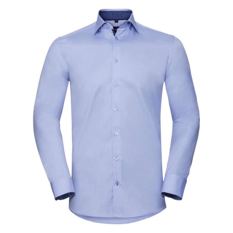 Russell Collection Men's Long Sleeve Tailored Contrast Herringbone Shirt  Light Blue and Mid Blue and Bright Navy