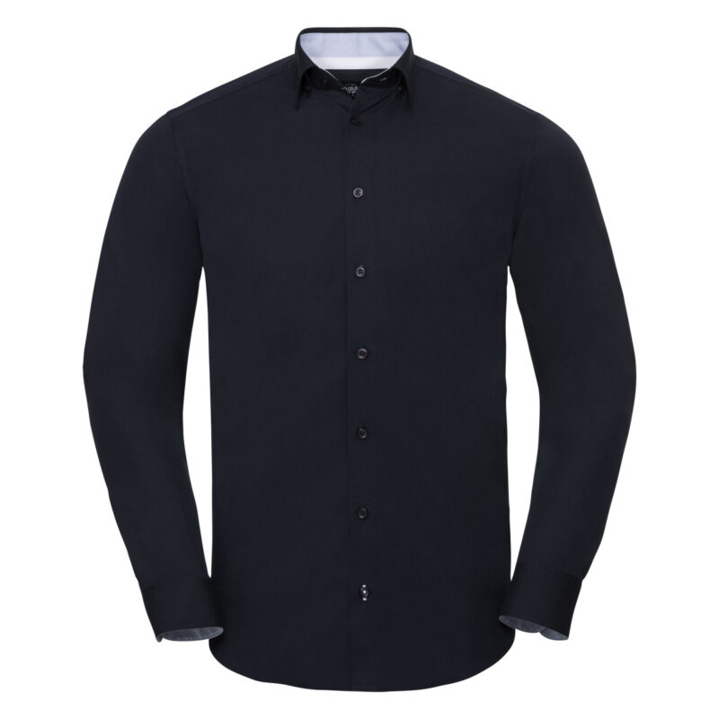 Russell Collection Men's Long Sleeve Tailored Contrast Ultimate Stretch Shirt  Bright Navy and Oxford Blue and White