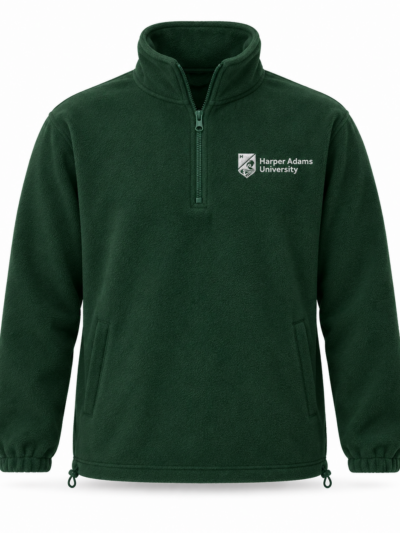 Forest Green Result R33X quarter-zip fleece with white Harper Adams University logo on the left chest