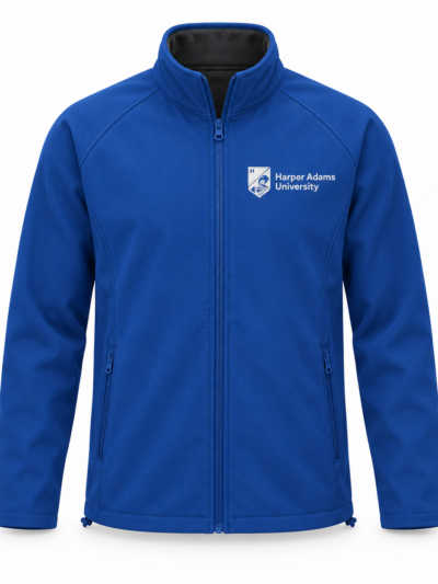 Royal Blue Regatta TRA642 Uproar softshell jacket with white Harper Adams University logo on the left chest