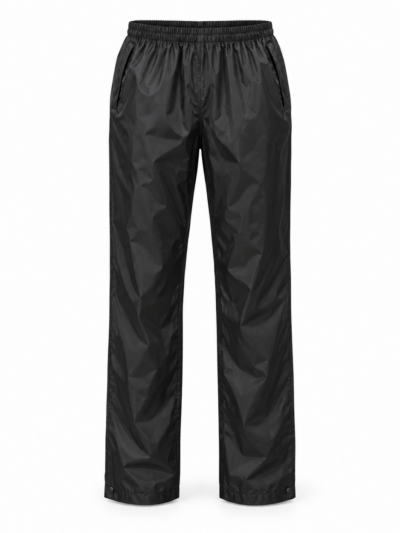 Plain Black Regatta TRW348 Packaway Overtrousers, full length front view without a logo