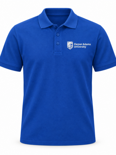 Royal Blue UCC003 short sleeve polo shirt with white Harper Adams University logo on the left chest